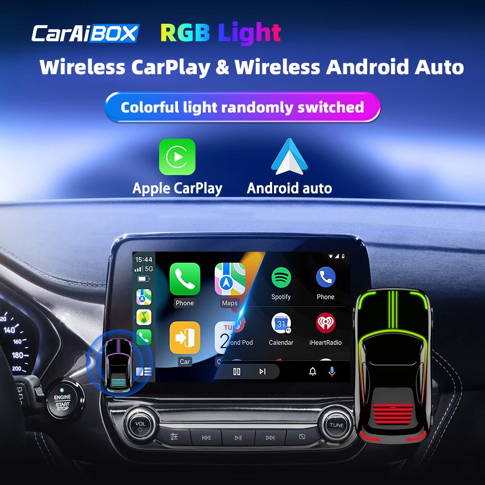 LED RGB Mini- Wired To Wireless CarPlay & Android Auto Box Plug And Play For OEM