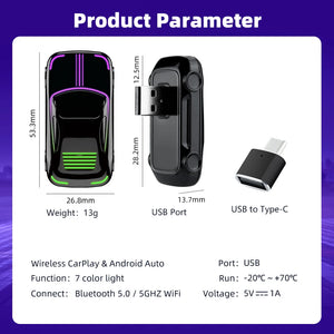 LED RGB Mini- Wired To Wireless CarPlay & Android Auto Box Plug And Play For OEM