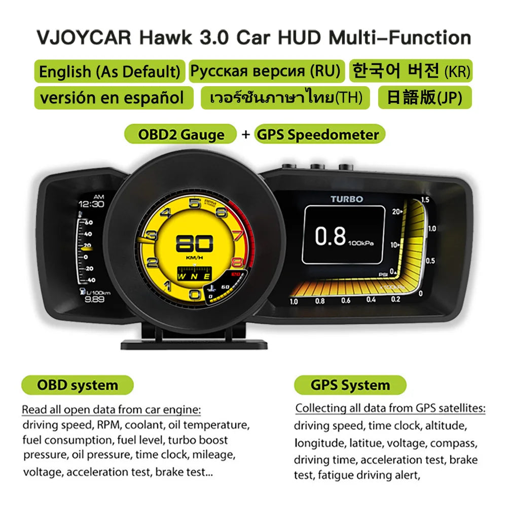 Race HUD Multi-Function Dashboard Head Up Display OBD2+GPS Smart Speedometer Auto Gauge Alarm System Turbo Boost