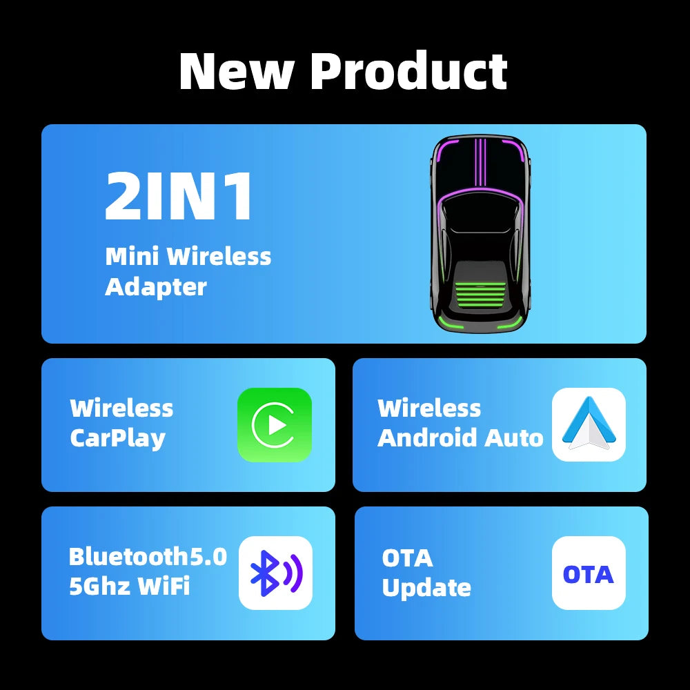 LED RGB Mini- Wired To Wireless CarPlay & Android Auto Box Plug And Play For OEM