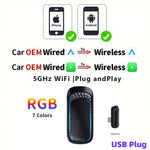 LED RGB Mini- Wired To Wireless CarPlay & Android Auto Box Plug And Play For OEM