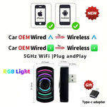 LED RGB Mini- Wired To Wireless CarPlay & Android Auto Box Plug And Play For OEM