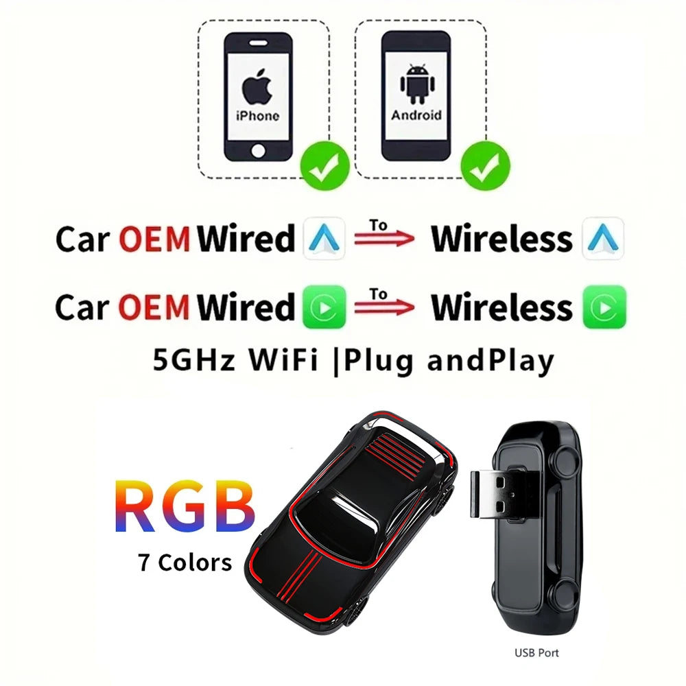 LED RGB Mini- Wired To Wireless CarPlay & Android Auto Box Plug And Play For OEM