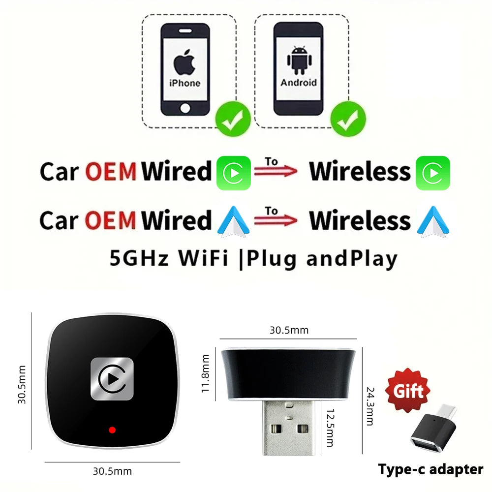 LED RGB Mini- Wired To Wireless CarPlay & Android Auto Box Plug And Play For OEM